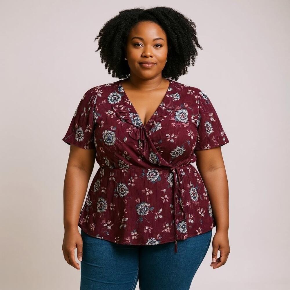 Rachel Roy Floral True Wrap Top – Size 16W - Royal Orchid Color - New with tags